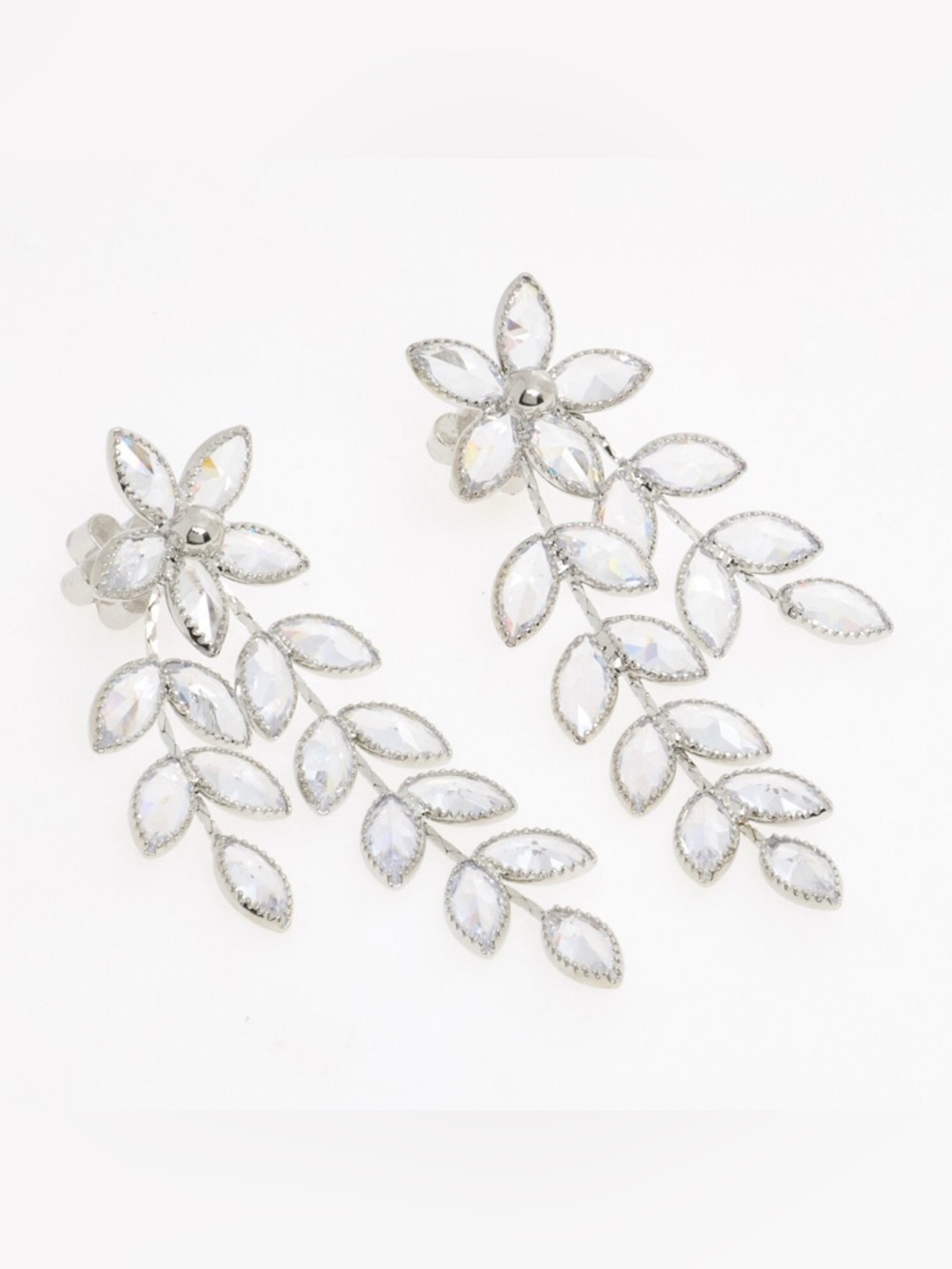 Silver Tone Cubic Zirconia Crystal Flower Dangle Drop Statement Earrings